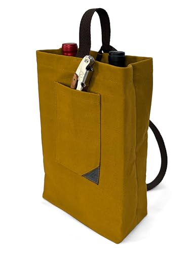 Under NY Sky Wine Tote Bag, Portable Canvas Carrier w/Shoulder Strap, Lightweight, Wine Gift for Travel & Picnic - Double Bottle - Mustard (Wine Bag 2 Slots Mustard) - color: Wine Bag 2 Slots Mustard