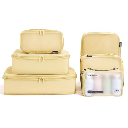 6 Set Compression Packing Cubes for 7–14 Day Travel, Bright Yellow | Nylon Oxford Fabric, Full Breathable Mesh, Reinforced Double-Zipper, Small to Large Size Bag, Expandable Packing System - color: Bright Yellow
