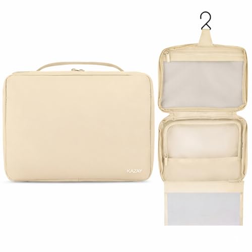 KAZAY Hanging Toiletry Bag with TSA Approved Detachable Pouch, Compact Travel Size, Travel Toiletry Bag, Water Resistant, Premium Nylon, Travel Size Toiletries, Cosmetic Makeup Bag, Unisex (Beige) - color: Beige