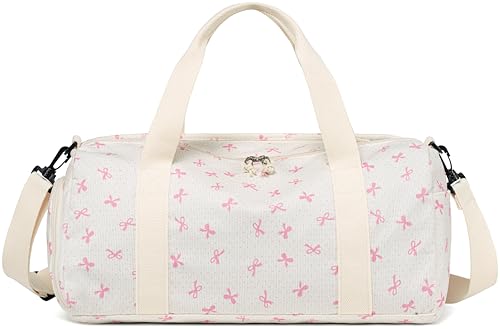Gym Bag Sports Duffle Bag with Wet Pocket Weekender Overnight Bags with Waterproof Shoe Compartment for Girls Kids Women Dance Workout Travel Bags - color: Bow Pink