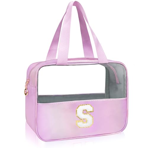 Personalized Initial S Clear Purple Makeup Bag - Large Travel Toiletry Bag, Cute Cosmetic Organizer Set for Girlfriend, Teacher, Teen Girl Gifts - color: Purple, style: S