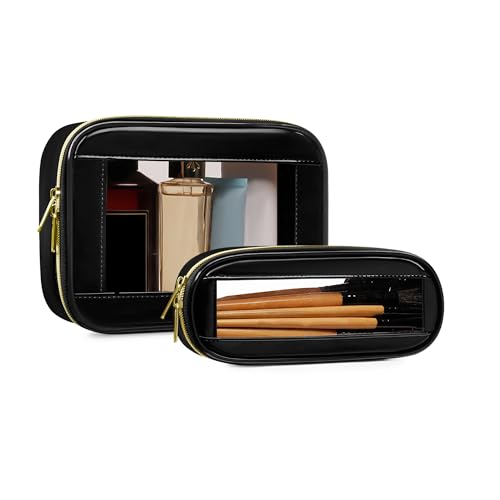 2-Piece Leather Clear Makeup Bag Set, Clear Cosmetic Bag with Zipper, Waterproof Makeup Brush Bag, TSA Approved Toiletry Bag for Travel, Car Organization for Women (Black-2, Slim+Medium) - color: Black-2, size: Slim+Medium