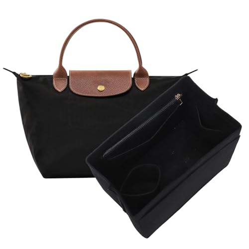 Premium Felt Purse Organizer Insert for Longchamp Le Pliage S Handbag,Zipper Small Handbag Organizer with Cup Holder,Bags Storage Divider with 8 Upgraded Deepened Compartments,S/Black - color: Black, size: S Handbag