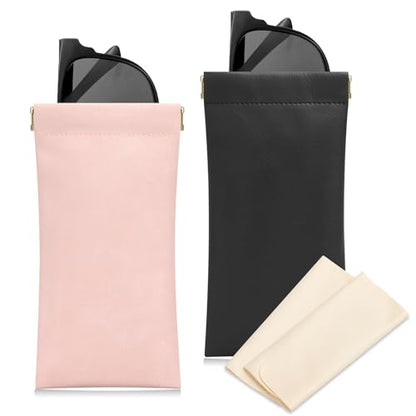Sightor Sunglass Case, 2 Pcs Soft Eyeglass Cases for Women Portable Squeeze Top Leather Glasses Pouch - color: Black, Rose