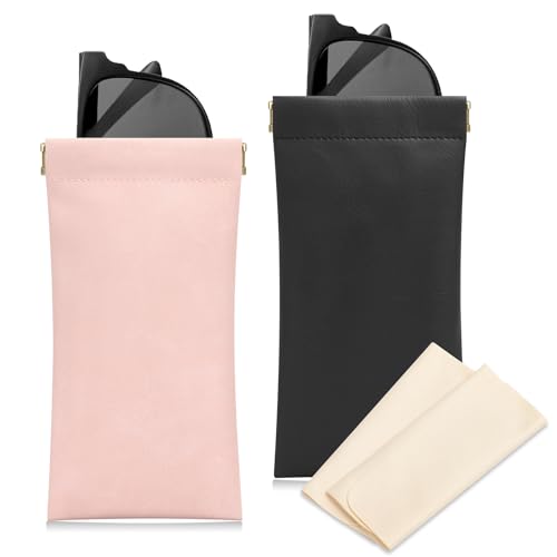 Sightor Sunglass Case, 2 Pcs Soft Eyeglass Cases for Women Portable Squeeze Top Leather Glasses Pouch - color: Black, Rose