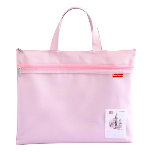 Pendancy Mesh Zipper Pouch 11x13.7 in, Large Double Pocket Waterproof File Bag with Handle, A4 Size Foldable Document Storage for Puzzle Project/Cross Stitch/Travel/Office（Pink） - color: Pink, style: Stamp Type A4 Size(11x13.8in)