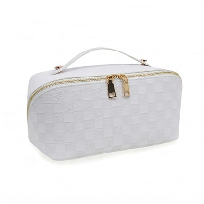 Travel Makeup Bag – Large Cosmetic Organizer with Waterproof PU Leather, Smooth Double Zipper & Tear-Resistant Lining, Toiletry Pouch for Women (White) - color: 02-White