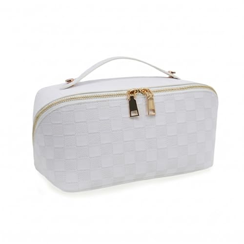 Travel Makeup Bag – Large Cosmetic Organizer with Waterproof PU Leather, Smooth Double Zipper & Tear-Resistant Lining, Toiletry Pouch for Women (White) - color: 02-White