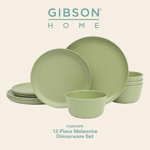 Gibson Home Fairhope 12-Piece Matte Green Melamine Dinnerware Set – Durable Lightweight Plates and Bowls, Kitchen Dining Set - color: Matte Green (Fairhope), size: Service for Four (12pcs)