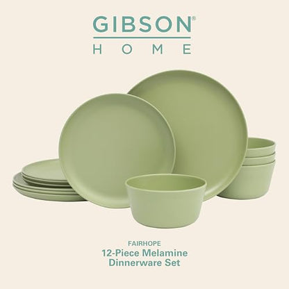 Gibson Home Fairhope 12-Piece Matte Green Melamine Dinnerware Set – Durable Lightweight Plates and Bowls, Kitchen Dining Set - color: Matte Green (Fairhope), size: Service for Four (12pcs)
