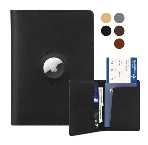 Airtag Passport Holder for Men and Women Travel, Real Leather Passport Wallet, Handmade Passport Cover Case with Airtag Slot, Travel Must Haves Essentials Accessories Birthday Gifts(Crazy Horse,Black) - color: Black