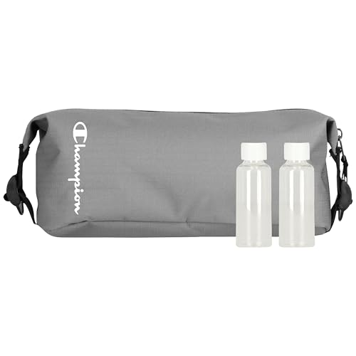 Champion - Hanging Toiletry Bag - Travel Sized Polyester Bag — Water-Resistant, Cosmetics Organizer Bag with Two Compliant Bottles - Lightweight Portable Zipped Bag for Unisex – Grey - 10"x3.9"x3.9" - style: Grey