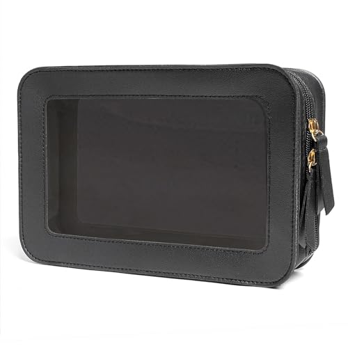 Clear and Waterproof Makeup Bag Portable Travel Cosmetic Case Organizer for Women Toiletry Pouch with Transparent Vinyl Windows & Zippers (Black) - color: Black