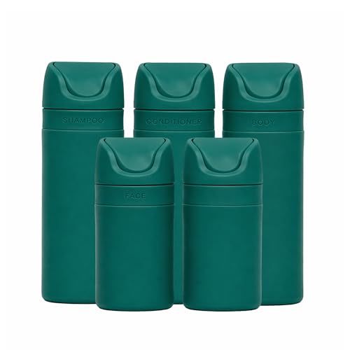 RIES Essential Refillable Toiletry Travel Bottles – Set of 5 (3.4oz & 1.7oz) Airless Pump Containers for Shampoo, Conditioner, Body, Face – Leak-Proof, TSA-Approved, Dishwasher Safe- Escapade Green - color: Escapade Green