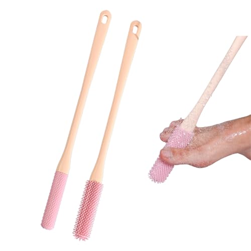 Toe Cleaning Brush with 15.7" Long Handle,Shower Foot Scrubber,No Bending, Ideal for Seniors, Expecting Mothers, Men & Women | Foot Scrubber & Anti-Itch Exfoliating Brush (2 Pack) (Pink) - color: Pink