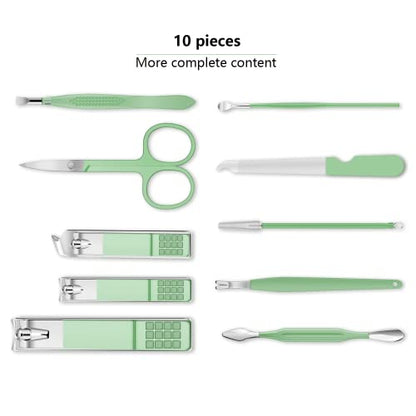 Manicure Set, Travel Mini Nail Clippers Kit Pedicure Care Tools, 10pcs Stainless Steel Grooming kit (Green) - color: Green