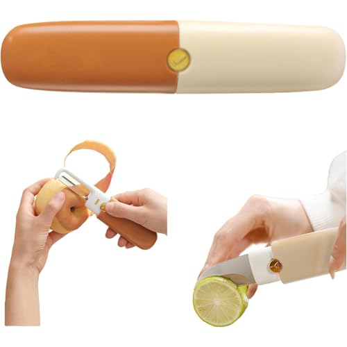 2 in 1 Stainless Steel Fruit & Vegetable Knife, Dual-Use Portable Peeling Knife, Kitchen and travel Specific Fruit Tools (Orange)