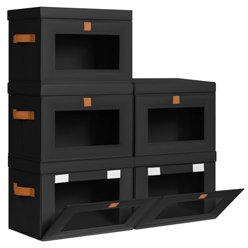 Homsorout Medium Fabric Storage Bins - Closet Shelf Organizer with Open Window, 5 Pack Closet Baskets for Shelves, Stackable Decorative Boxes for Home, Dorm, Black, 13.7" x 9.8” x 9.8" - color: Black, size: Medium - 5 Pack