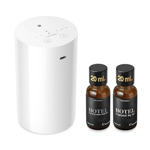 Airversa Waterless Essential Oil Diffuser Starter Kit with 2x20mL Hotel Fragrance Oils for Car Home Office, Up to 600 sq ft, Cordless Nebulizer Baterry Operated, Mist & Timer Settings AN8Kit-C, White - color: A1 White3
