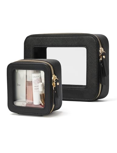 Popvibe Clear Makeup Bag Travel Cosmetic Case Transparent Toiletry Bag with Zipper, Portable Make Up Organizer Traveling Compact Car Bag for Essentials - color: Black, style: Mini & Medium