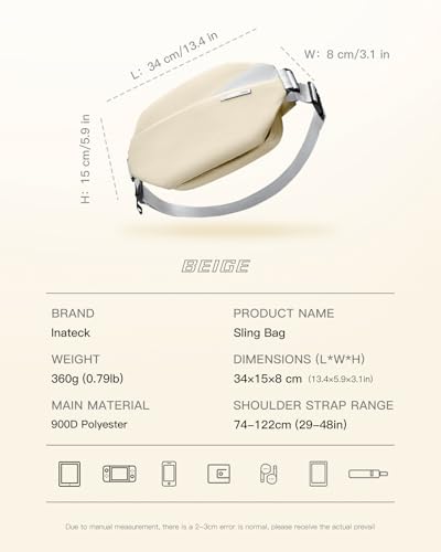 Inateck Sling Bag X, Multi-pocket Crossbody Shoulder Chest Bag with Adjustable Shoulder Strap, Water-resistant Waist Fanny Pack for Men, Women, Travel, Daily Use, Cycling, Hiking, Beige, Large - color: Beige, size: Large