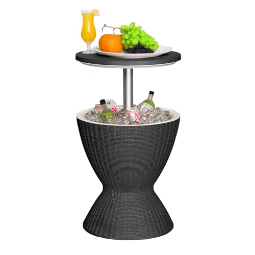 EasyUp Outdoor Cooler Bar Table – 8 Gallon Outdoor Patio Cooler Table with Drain Plug, Adjustable Height Rattan-Style Resin Cool Bar for Poolside, Deck, BBQ & Parties (Black) - color: Black, size: 19.06*19.06*22.64inch