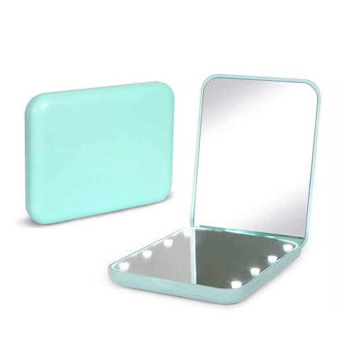 Kintion Pocket Mirror, 1X/3X Magnification LED Compact Travel Makeup Mirror with Light for Purse, 2-Sided, Portable, Folding, Handheld, Small Lighted Mirror for Gift, Cyan - color: Cyan