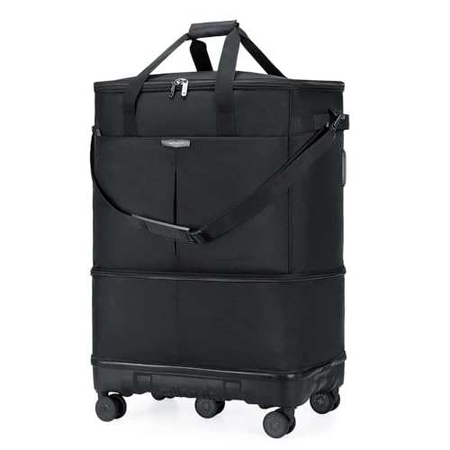 Large Capacity Rolling Duffle Bag with Detachable Wheels,Expandable Foldable Suitcase for Travel,Collapsible Luggage Duffel Overnight Weekend Bags without Telescoping Handle - color: Black