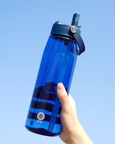 OLDLEY 32 oz Water Bottle with Straw, Leakproof Sports Water Bottle with Carry Strap, BPA-Free Large Water Bottles for Home,Travel, School, Outdoors, Gym, Tritan, Navy Blue - color: Navy Blue
