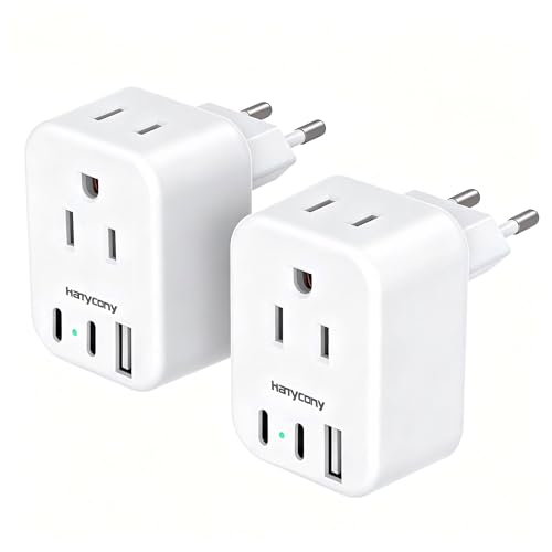 HANYCONY European Plug Adapter, US to Europe Power Adapter with 2 Outlets & 3 USB Ports (2 USB C), Type C Travel Adapter for Italy, Spain, France, Germany, Greece, Iceland, Essentials for Cruise Ship - style: Type C - Most of Europe(2 Pack)