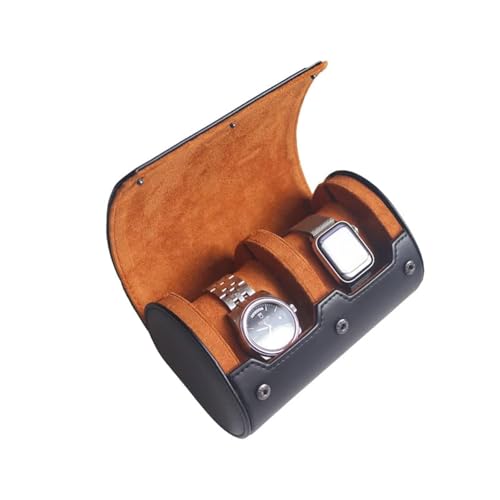 2 Watch Travel Case for Men - Double Roll Gift Accessory With Plush Velvet/Suede Interior, Leather Holder (Black) - color: BLACK