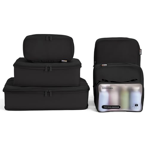 6 Set Compression Packing Cubes for 7–14 Day Travel, Jet Black | Nylon Oxford Fabric, Full Breathable Mesh, Reinforced Double-Zipper, Small to Large Size Bag, Expandable Packing System - color: Jet Black