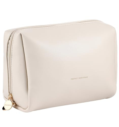 Aveniee Travel Makeup Bag, Large Toiletry Bag for Women, Vegan Leather Travel Pouches Case, Make Up Bag for Travel Essentials Brushes, Cosmetic Bag Purse Organizer with Divider and Gold Zippers(Cream) - color: Beige, size: Large