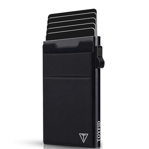 TOYFID Slim Wallet for Men - Pop Up Card Holder Wallet,Minimalist Business Wallet,Credit Card Wallet with Money Pocket,Metal Card Case Wallet,RFID Blocking,Can Hold 6 Credit Cards - color: black B