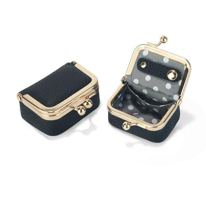 Genuine Leather Mini Jewelry Box Coin Purse for Women,Solid Color Kiss Lock Jewelry Case Organizer,Mini Travel Ring Box - color: Black
