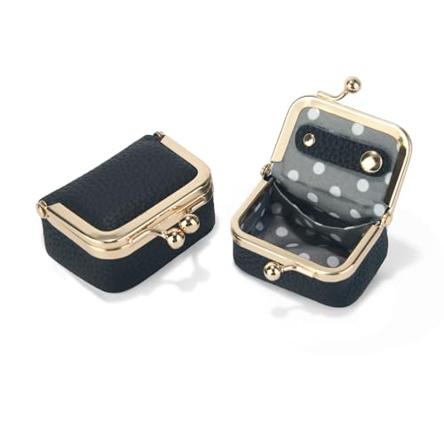 Genuine Leather Mini Jewelry Box Coin Purse for Women,Solid Color Kiss Lock Jewelry Case Organizer,Mini Travel Ring Box - color: Black