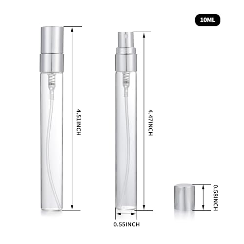 20Pcs 10ml Empty Clear Glass Mist Spray Bottle Refillable Mini Perfume Atomizer Travel Sample Bottle with Silver Aluminized Nozzle Makeup Container for Perfume (10ml Silver Caps) - color: 10ml Silver Caps