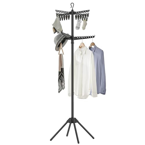 SONGMICS 2-Tier Clothes Drying Rack, 72-Inch Folding Laundry Drying Rack with 3 Rotatable Arms for Hangers, 24 Clips, Stainless Steel, for 27 Pieces of Clothes, Black ULLR512B01 - color: Black, style: 2-Tier-Clip
