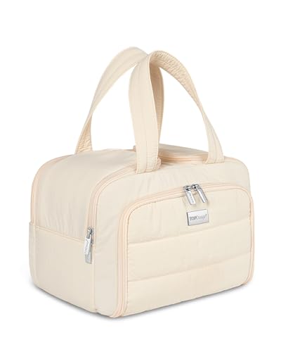 TOPDesign Travel Toiletry Bag for Women, Puffer Large Toiletry Bag, Lightweight Cosmetic Makeup Organizer with Handle for Traveling, Accessories, Essentials, Toiletries (Beige) - color: Beige
