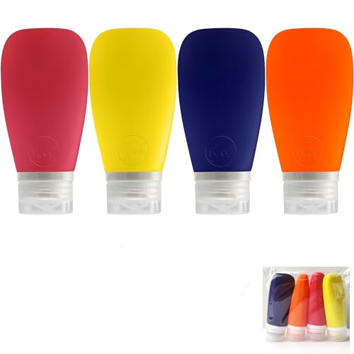 Travel Bottles for Toiletries, TSA Approved 3 oz Leak Proof Silicone Soft Refillable Squeeze Travel Size Containers BPA Free for Cleansers, Lotions, Shampoo, Conditioner (red,yellow,blue,orange) - color: Red-Yellow-Navy Blue-Orange