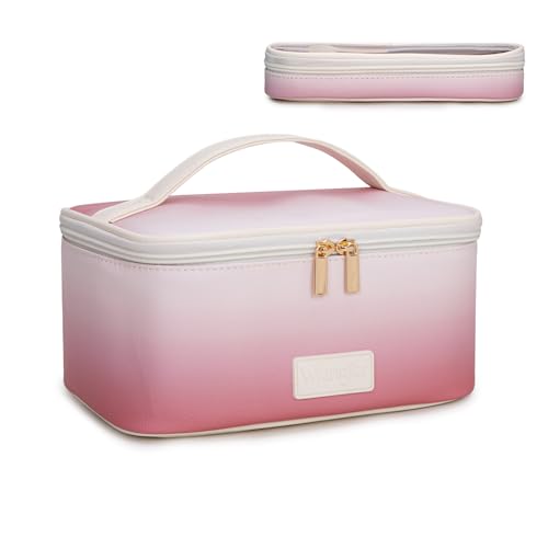 Montana West X Wrangler Travel Makeup Bag 2pcs Set Large Cosmetic Bag with Makeup Brush Holder Portable Make Up Organizer Cute Toiletry Bag with Divider and Handle for Women Gradient - color: Khaki-Tan