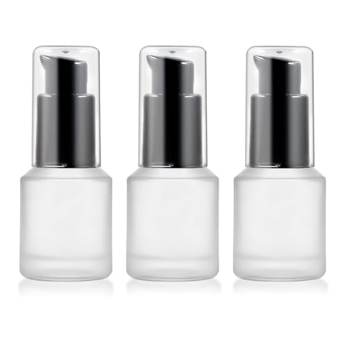 3PCS 15ML/0.5OZ Empty Clear Frosted Glass Bottles with Pump Refillable Vial Cosmetic Dispenser Jars Storage Travel Lotion Container Portable Sample Bottle for Toiletries,Foundation,Cream,Gel,Lotion - color: Frosted Clear, size: 0.5 OZ