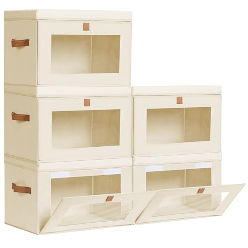 Homsorout Large Closet Storage Organizer - Clothes Storage Bins with Handles & Window, Collapsible Decorative Boxes with Lids, Fabric Containers for Living Room, Dorm, 5 Pack, Beige - color: Beige, size: Large - 5 Pack