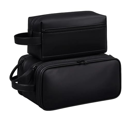 2 Pack Men's Toiletry Bag Pu,Travel Toiletry Organizer, Waterproof Shaving Kit Pouch For storing daily essentials like toiletries and cosmetics,Black (Leather Black) - color: Leather Black