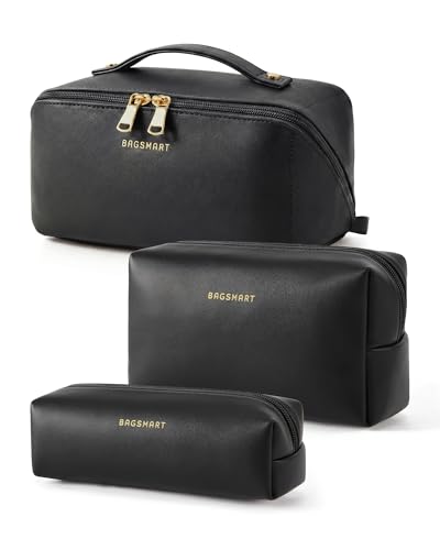 BAGSMART Makeup Bag Travel 3 Pcs Set Cosmetic Bag, Large Make Up Bag Flat Open Toiletry Bag for Women, PU Leather Travel Essentials Organizer Case, Wide-open Pouch for Skincare, Brushes, Black - color: 32-Black