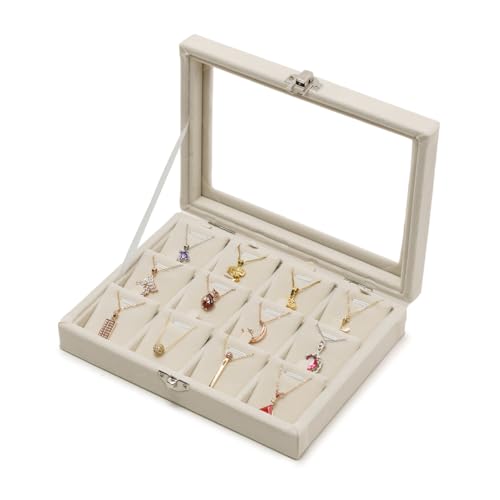 Jewelry Box Necklace Organizer Tray, Beige Necklace Display Case for Storage Jewelry Small Necklaces Display Stand 12 Slot Pendant Holder for Women - color: Beige, size: Necklace display Case with Glass Lid 12 Slot