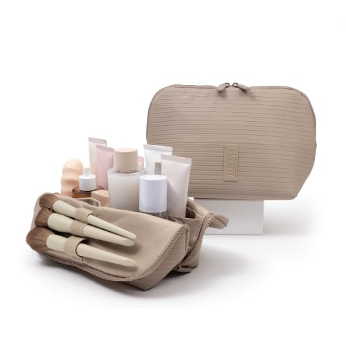 THE VERTI-Vertical Waterproof Makeup & Toiletry Bag | 23-Pocket Organizer with Upright, Fold-Down Design for Skincare, Toiletries & Essentials (Sandstone, Medium) - color: Sandstone, size: Medium