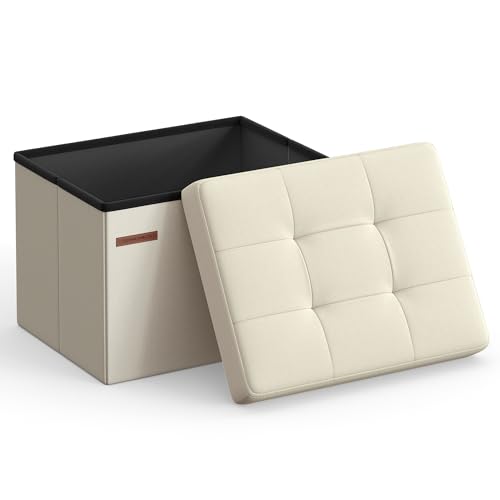 SONGMICS Mazie Collection - Small Folding Storage Ottoman, Foot Rest Stool, 12.2 x 16.1 x 12.2 Inches, 286 lb Load Capacity, for Living Room, Bedroom, Home Office, Dorm, Cream White ULSF102W01 - color: Cream White, size: 12.2"D x 16.1"W x 12.2"H
