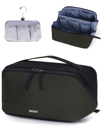 WANDF Toiletry Bag for Men, PU Leather Travel Organizer with Detachable Waterproof Hanging Pouch, Open-Flat Dopp Kit Shaving Bag with Wet Pocket for Travel Toiletries Accessories (Army Green) - color: Army Green