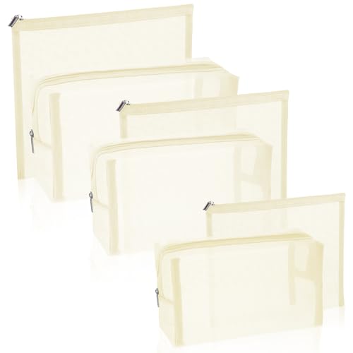 6 Pieces Mesh Makeup Bags Mesh Cosmetic Bag Portable Travel Organizing Zipper Pouch Toiletries Makeup Pouches for Home Office Travel Accessories - color: Beige